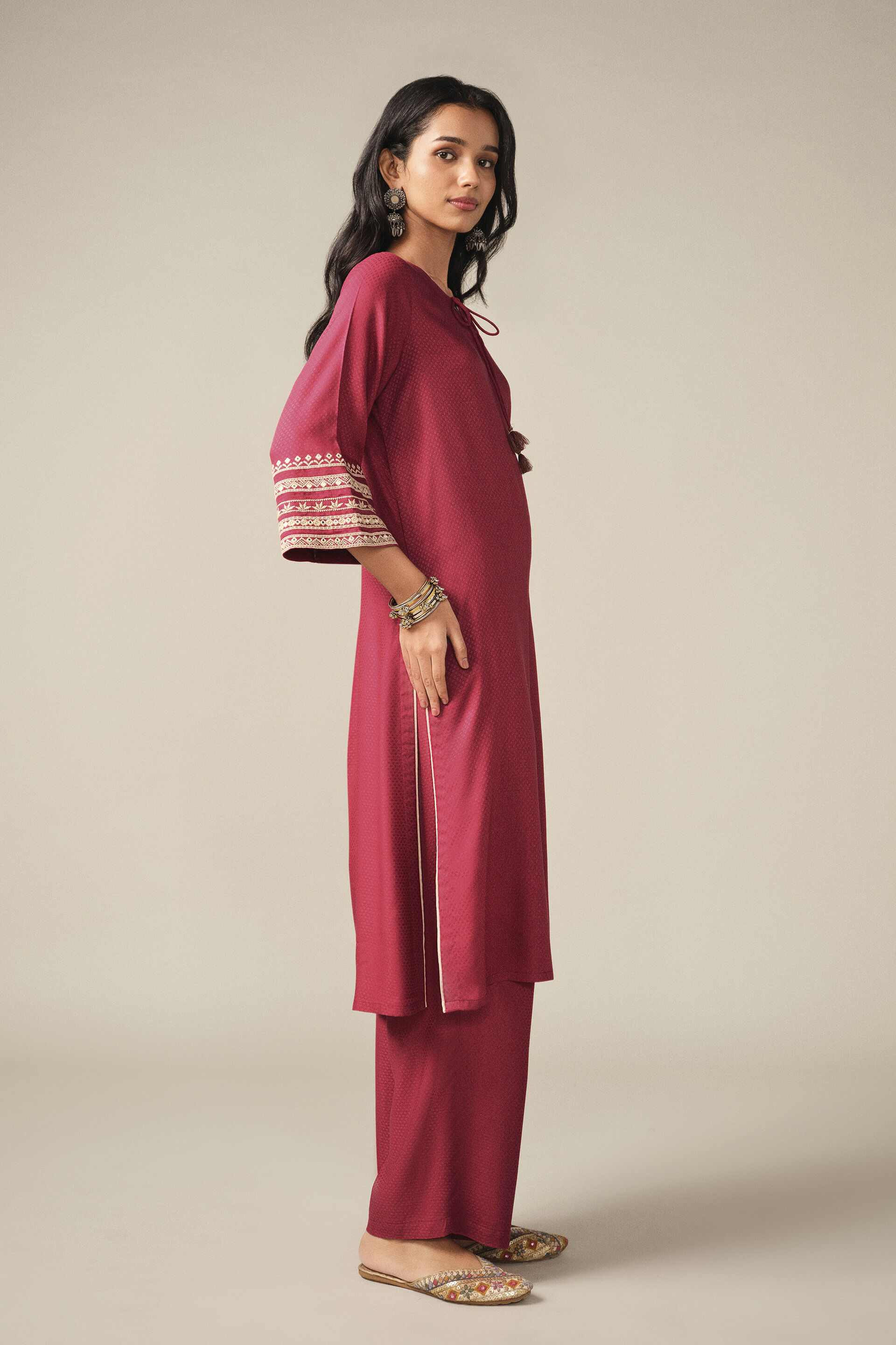 Embroidered Kurta Set in Red, Red, image 4